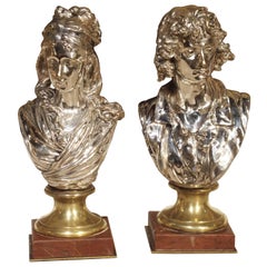 Pair of Small Antique French Silvered Bronze Busts on Marble Bases, circa 1890