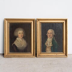 Coppia di piccoli ritratti georgiani d’epoca, dipinti a olio di arte popolare provinciale, XVIII secolo