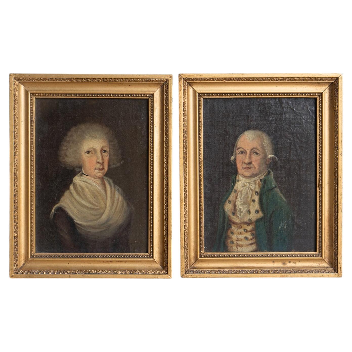 Pair of Small Antique Georgian Portraits Provincial Folk Art Oil Paintings 18thC