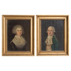 Coppia di piccoli ritratti georgiani d’epoca, dipinti a olio di arte popolare provinciale, XVIII secolo