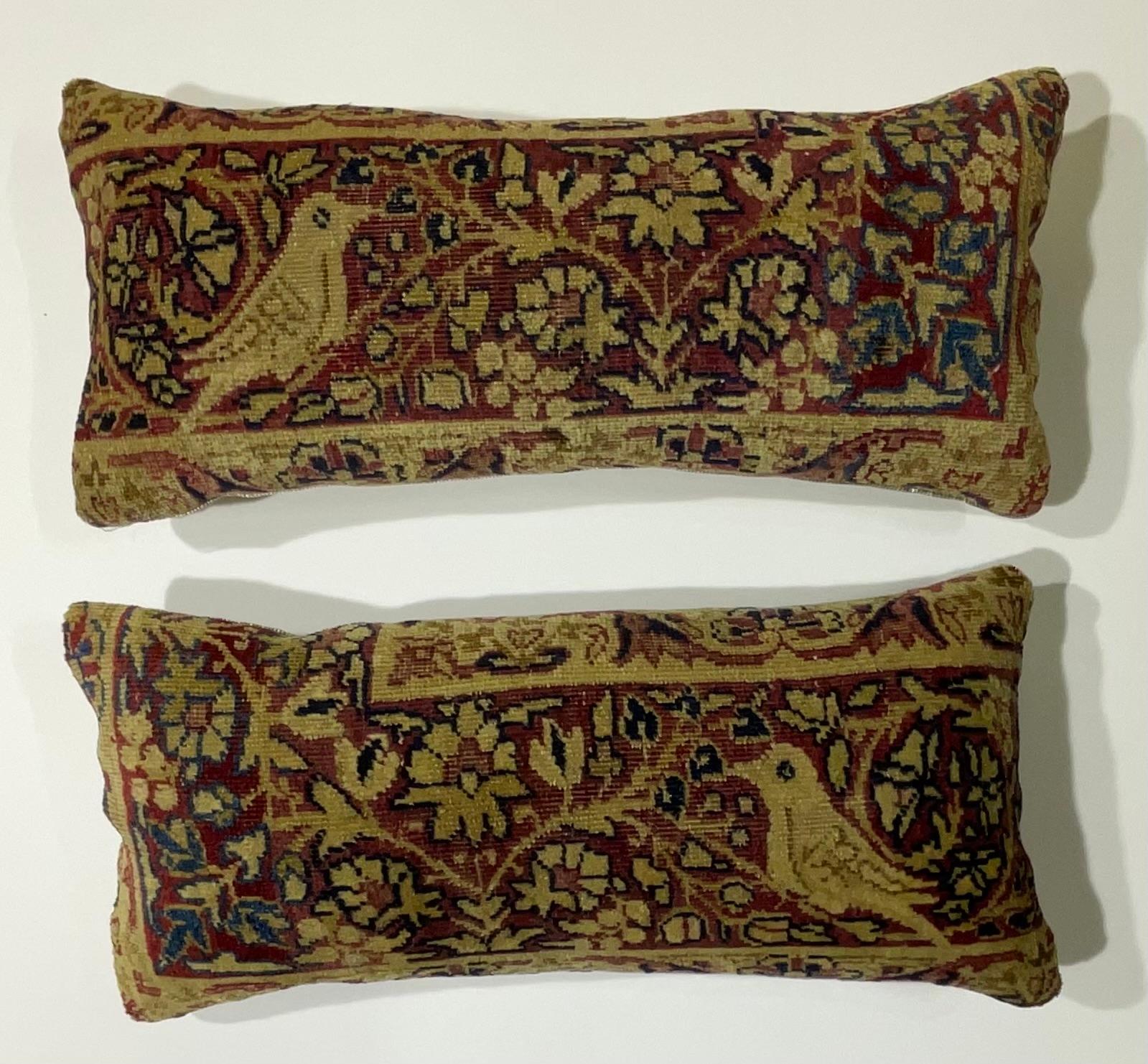 Wool Pair of Small Antique Hand Woven Bird Pictorial Pillow
