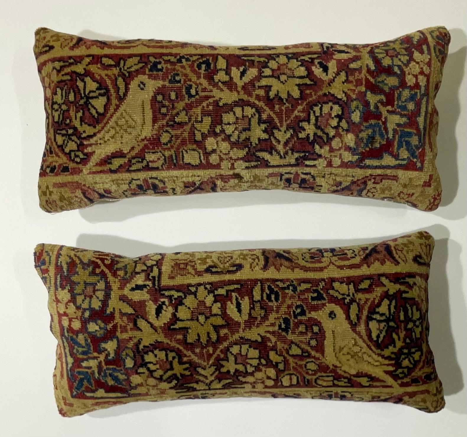 Pair of Small Antique Hand Woven Bird Pictorial Pillow 1
