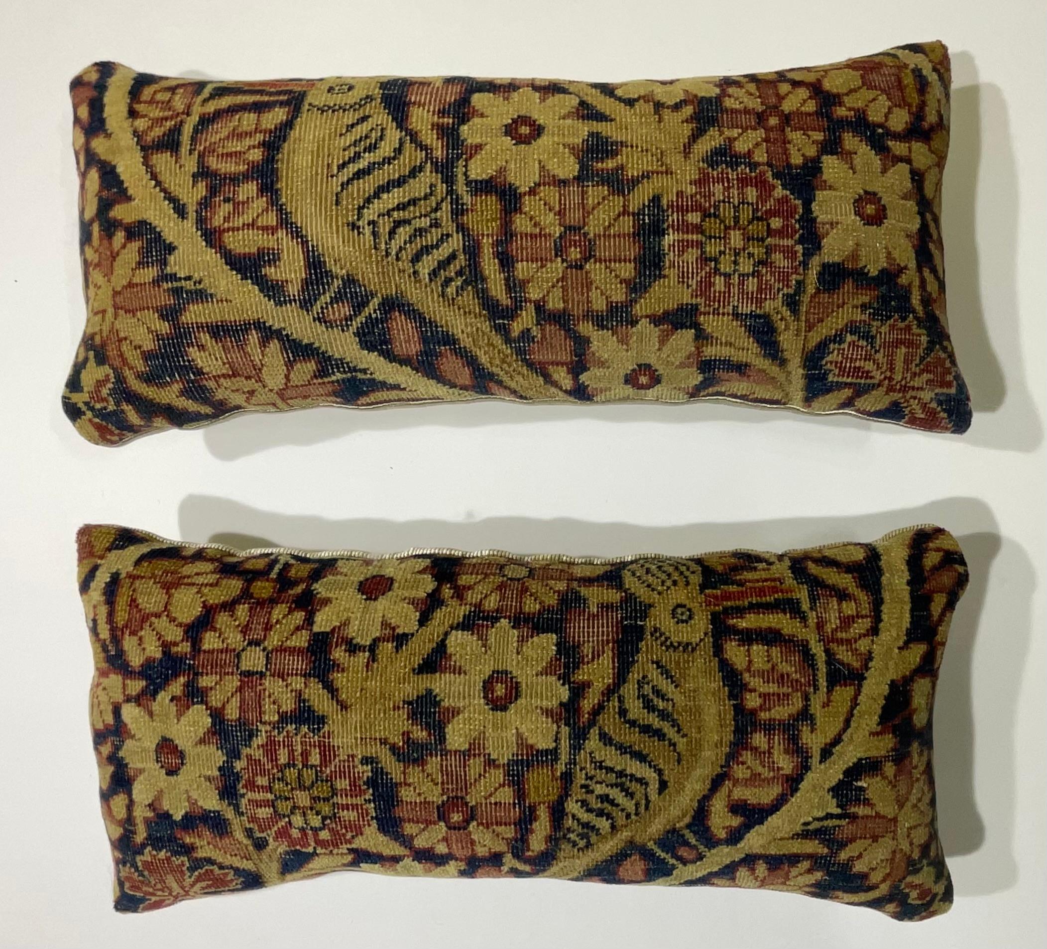 Azerbaijani Pair of Small Antique Hand Woven Hoopoes Bird Pictorial Pillow