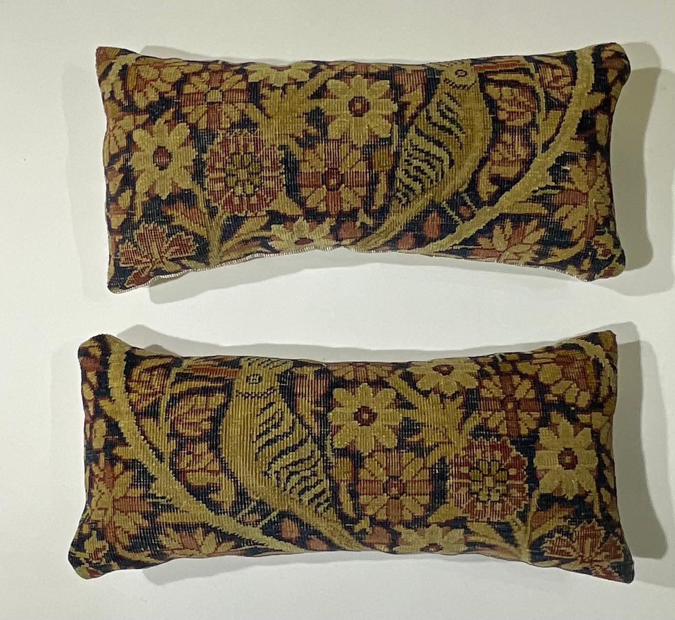 Pair of Small Antique Hand Woven Hoopoes Bird Pictorial Pillow 1