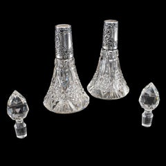 Pair of Small Antique Scent Bottles, English, Perfume Decanter, Silver Collar