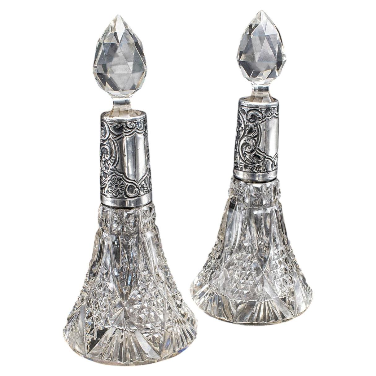 Pair of Small Antique Scent Bottles, English, Perfume Decanter, Silver Collar