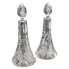 Pair of Small Antique Scent Bottles, English, Perfume Decanter, Silver Collar