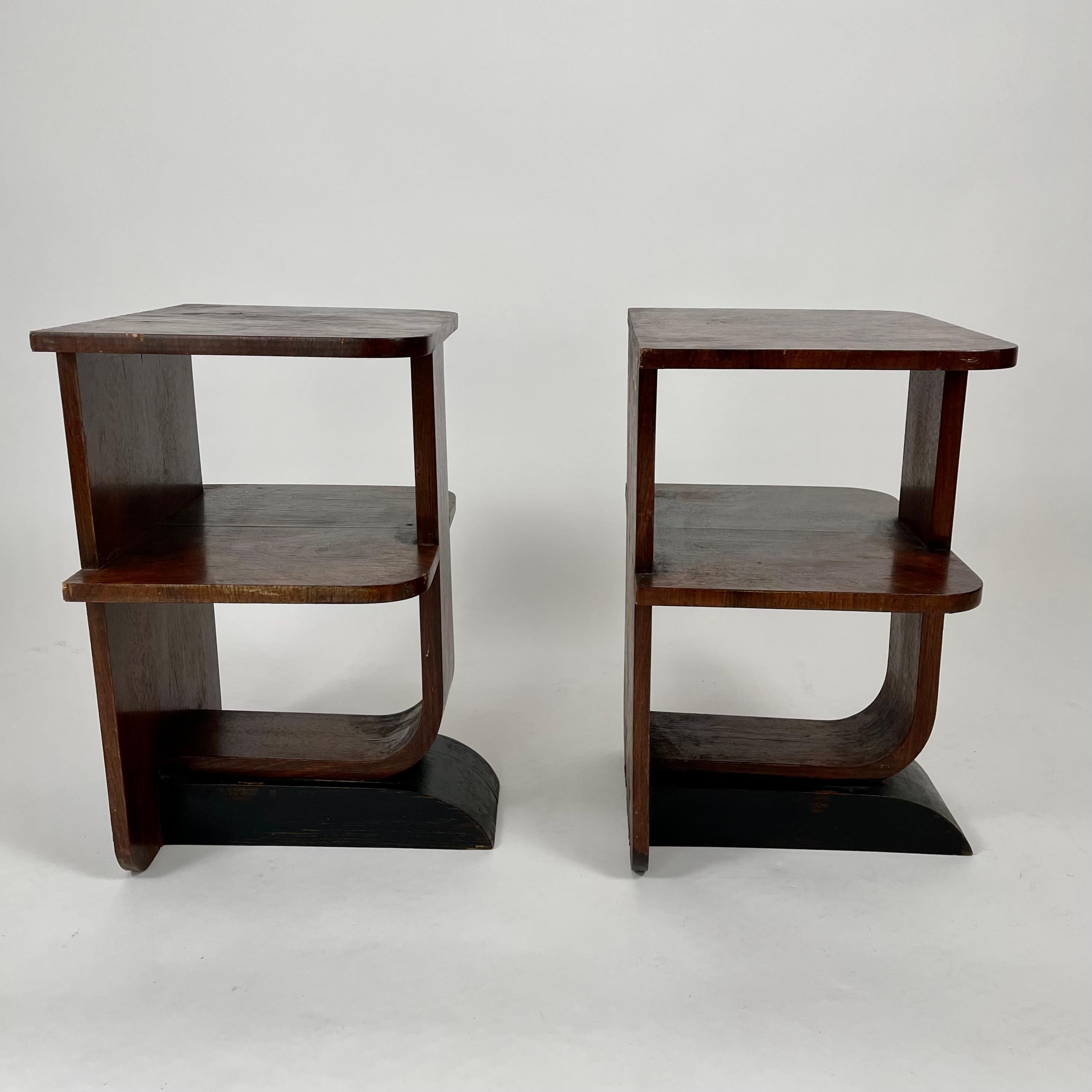 Ebonized Pair of Small Art Deco End Tables with Shelves