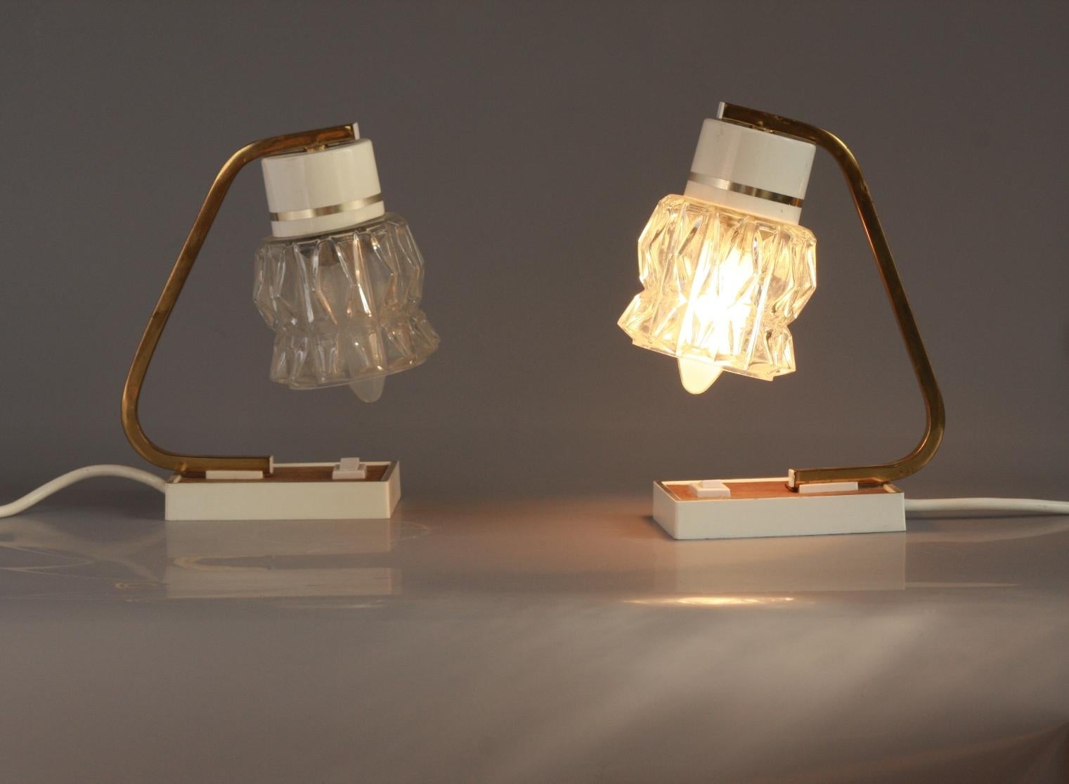 Mid-Century Modern Pair of Small Articulated Cast Glass Shade Nightstand Lamps, Hungary, 1960s