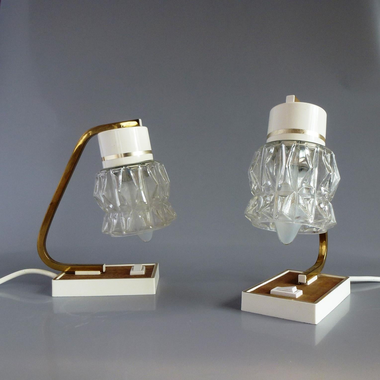 Hungarian Pair of Small Articulated Cast Glass Shade Nightstand Lamps, Hungary, 1960s