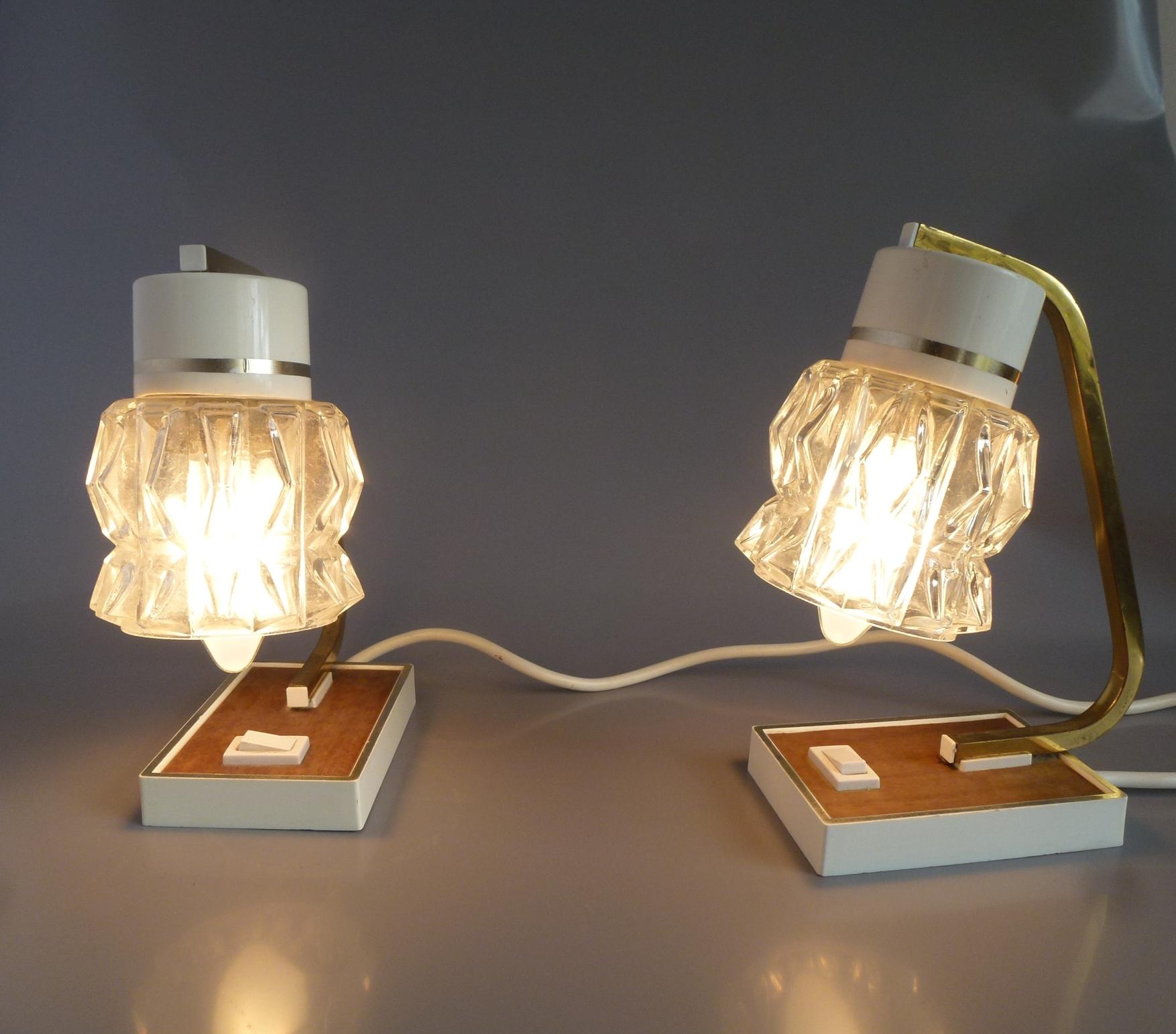 Anodized Pair of Small Articulated Cast Glass Shade Nightstand Lamps, Hungary, 1960s