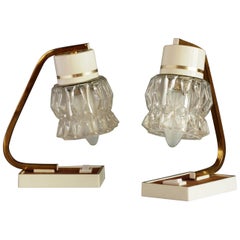 Pair of Small Articulated Cast Glass Shade Nightstand Lamps, Hungary, 1960s