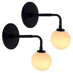 Pair of Small Bent Arm Sconces by Research.Lighting, Black, Glass, Factory 2nd