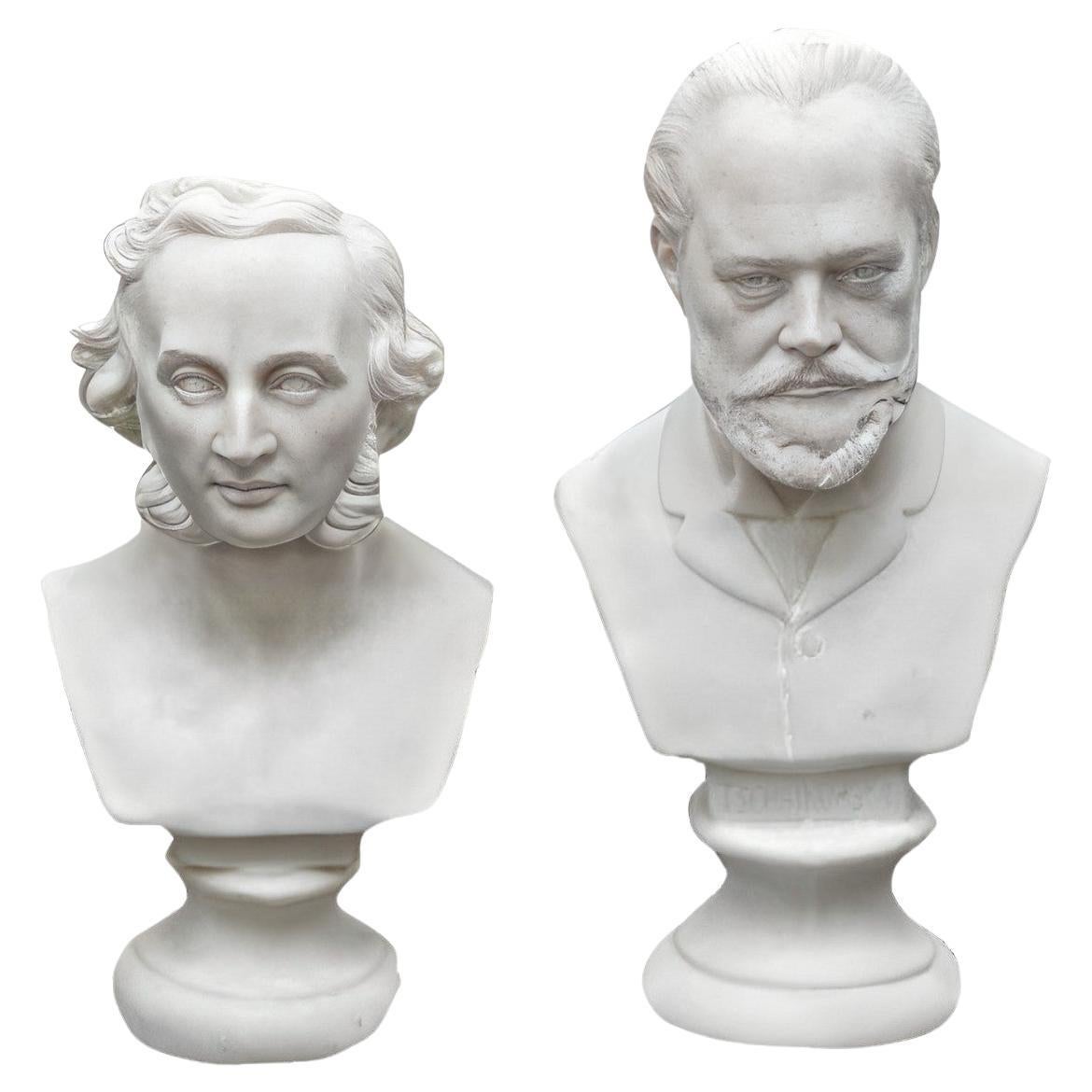 Paire de petits bustes en poterie biscuit Mendelssohn et Tchaikovsky en vente