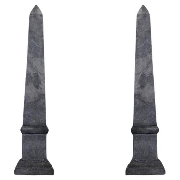 Pair of Small Black and Grey Marble Obelisks, Napoleon III Style, 20th Century. For Sale