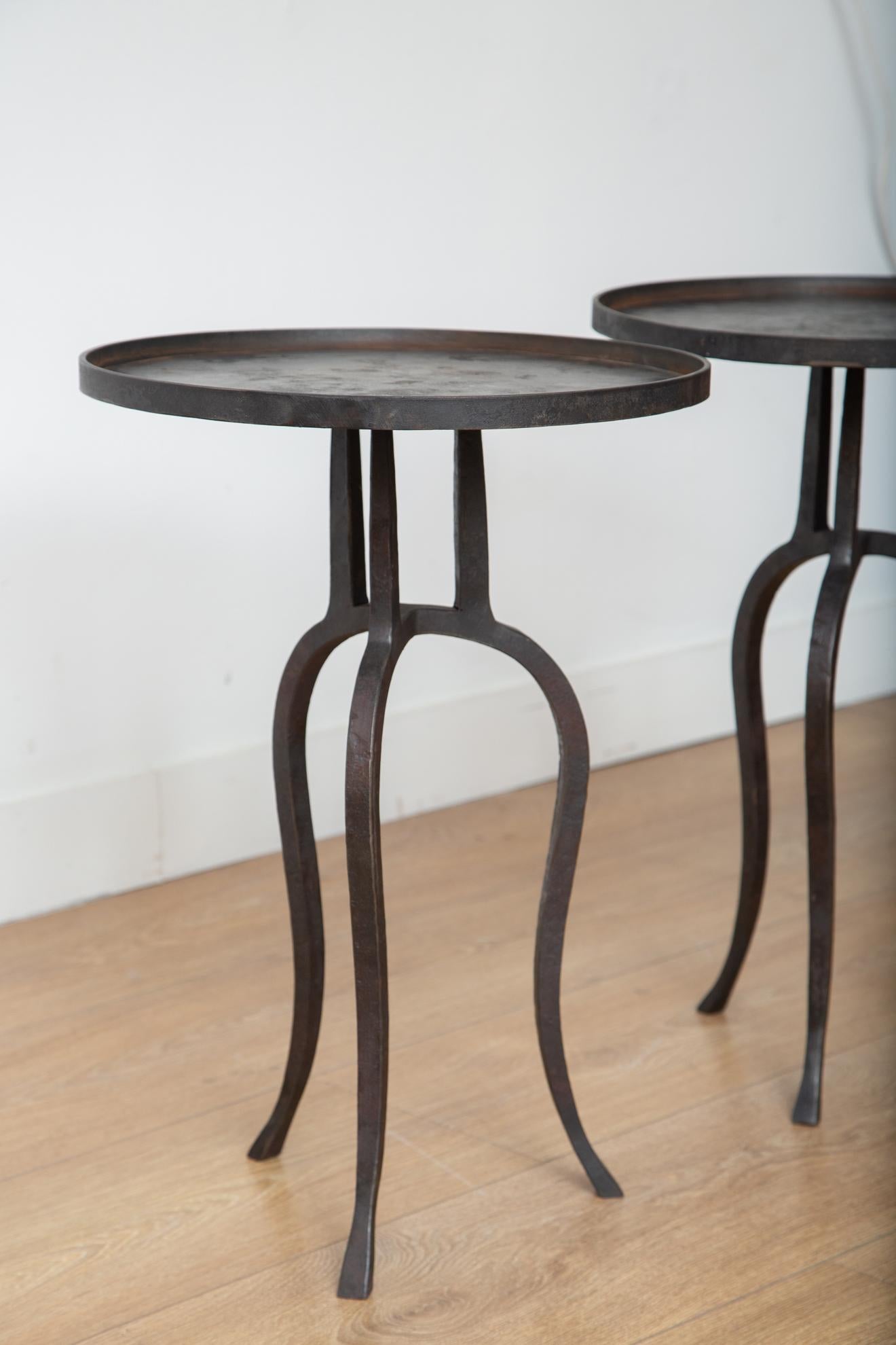 Mid-Century Modern Pair of Small Black Iron Side Tables, in Stock
