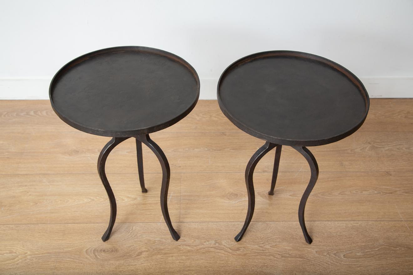 French Pair of Small Black Iron Side Tables, in Stock
