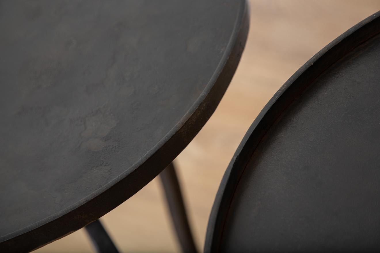 Blackened Pair of Small Black Iron Side Tables, in Stock For Sale