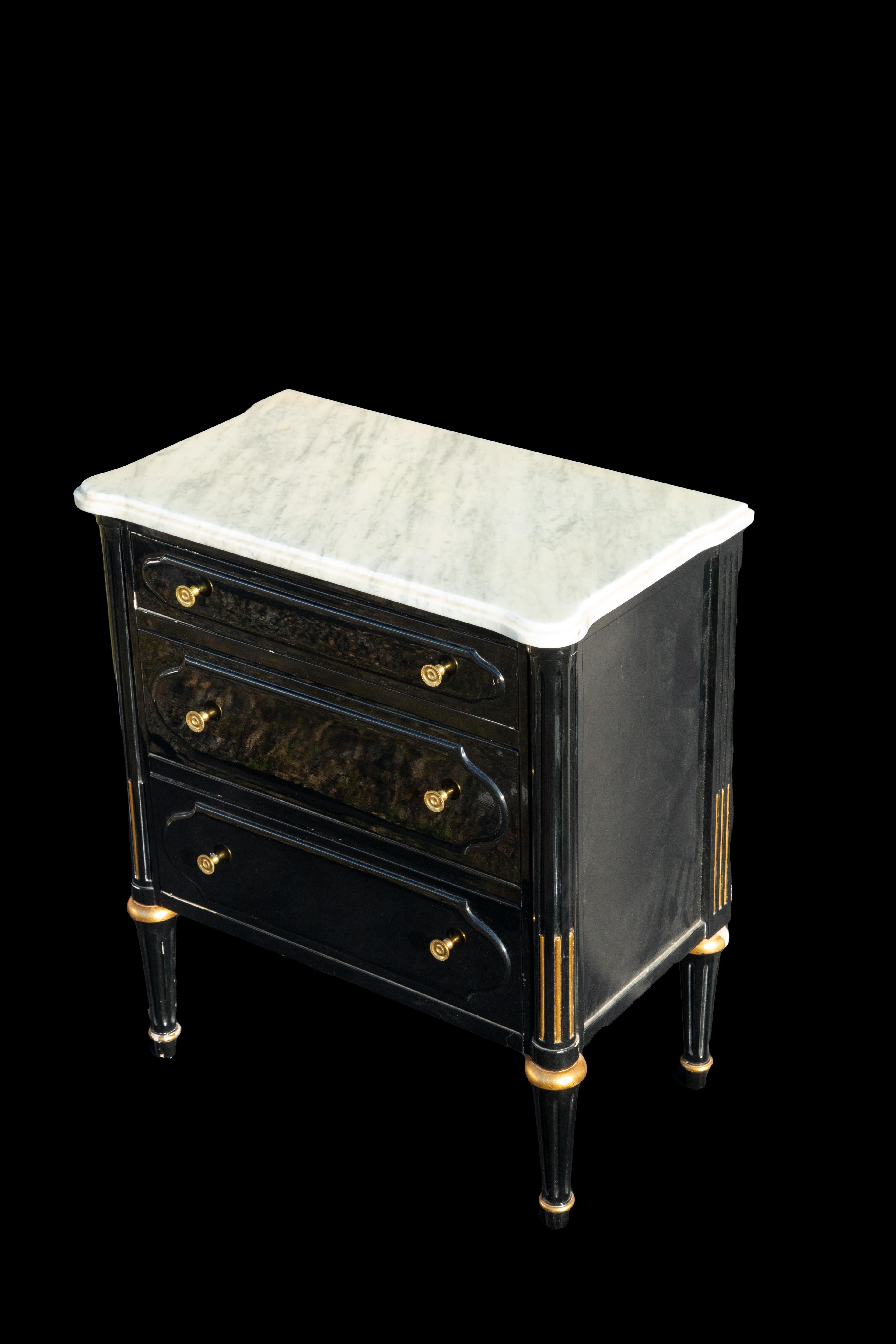 Napoleon III Pair Of Small Black Lacquer, Brass and Marble Dressers
