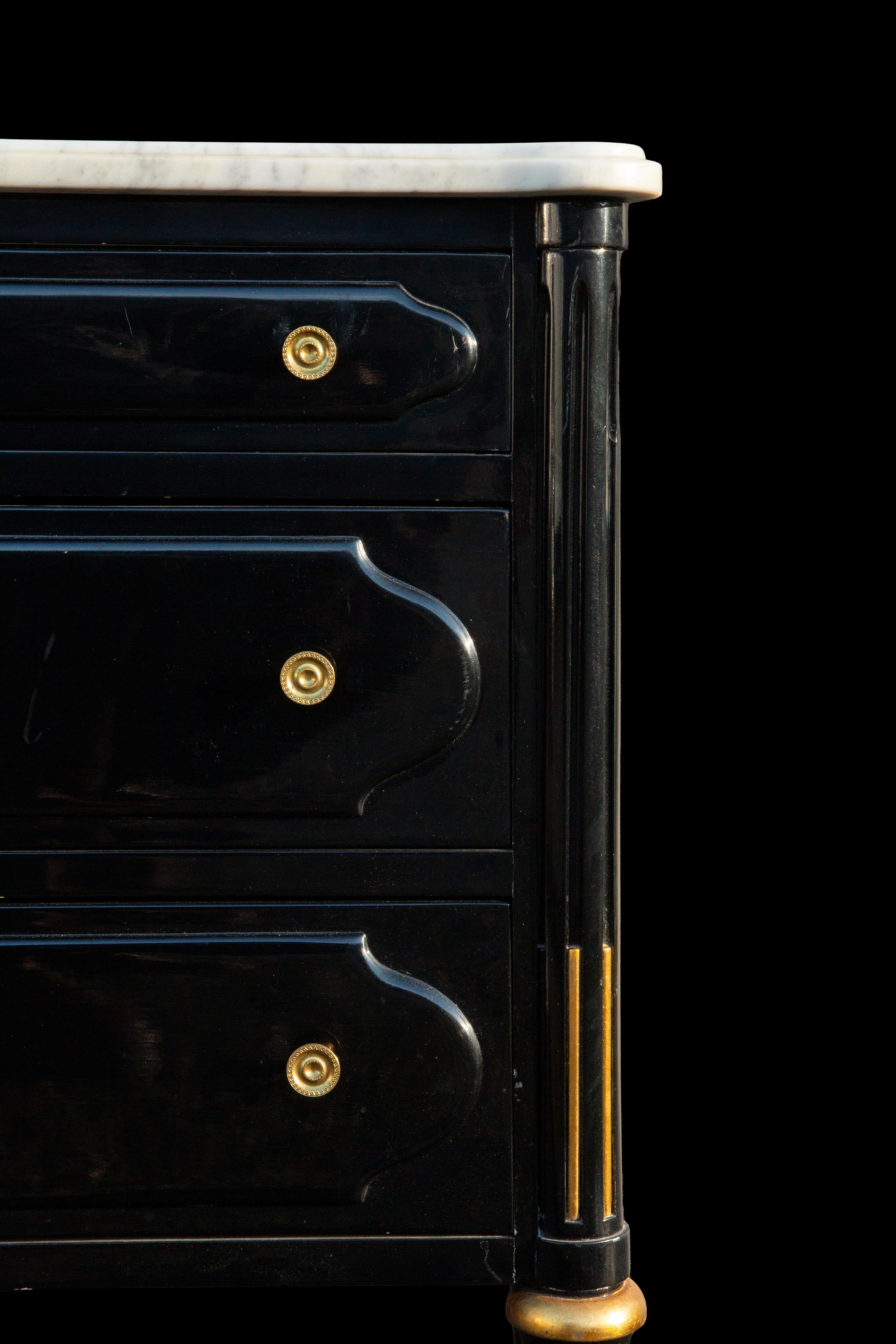 French Pair Of Small Black Lacquer, Brass and Marble Dressers