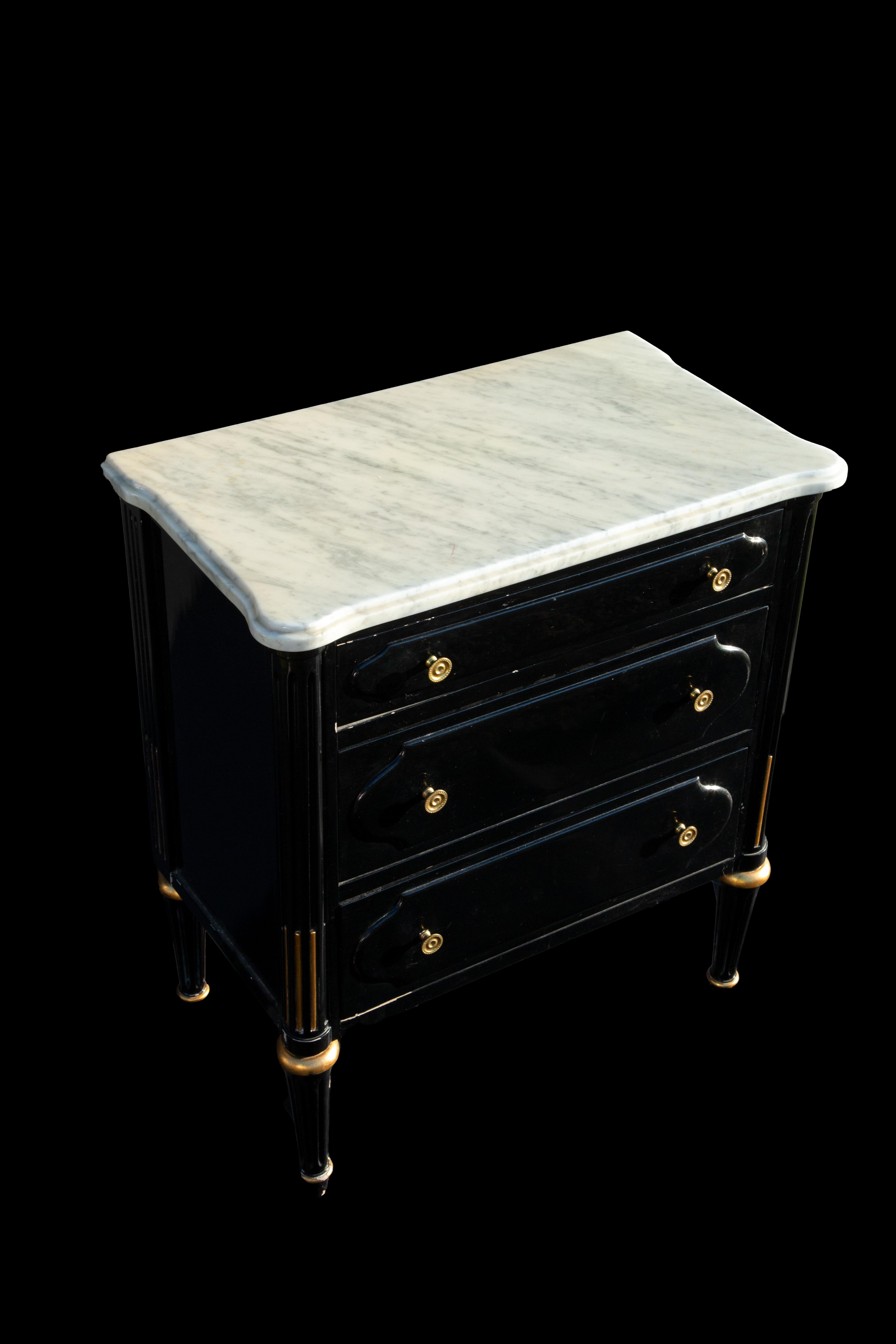 Pair Of Small Black Lacquer, Brass and Marble Dressers In Excellent Condition In New York, NY