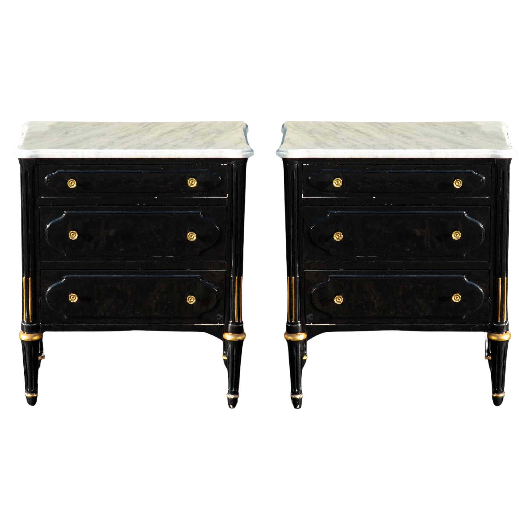 Pair Of Small Black Lacquer, Brass and Marble Dressers