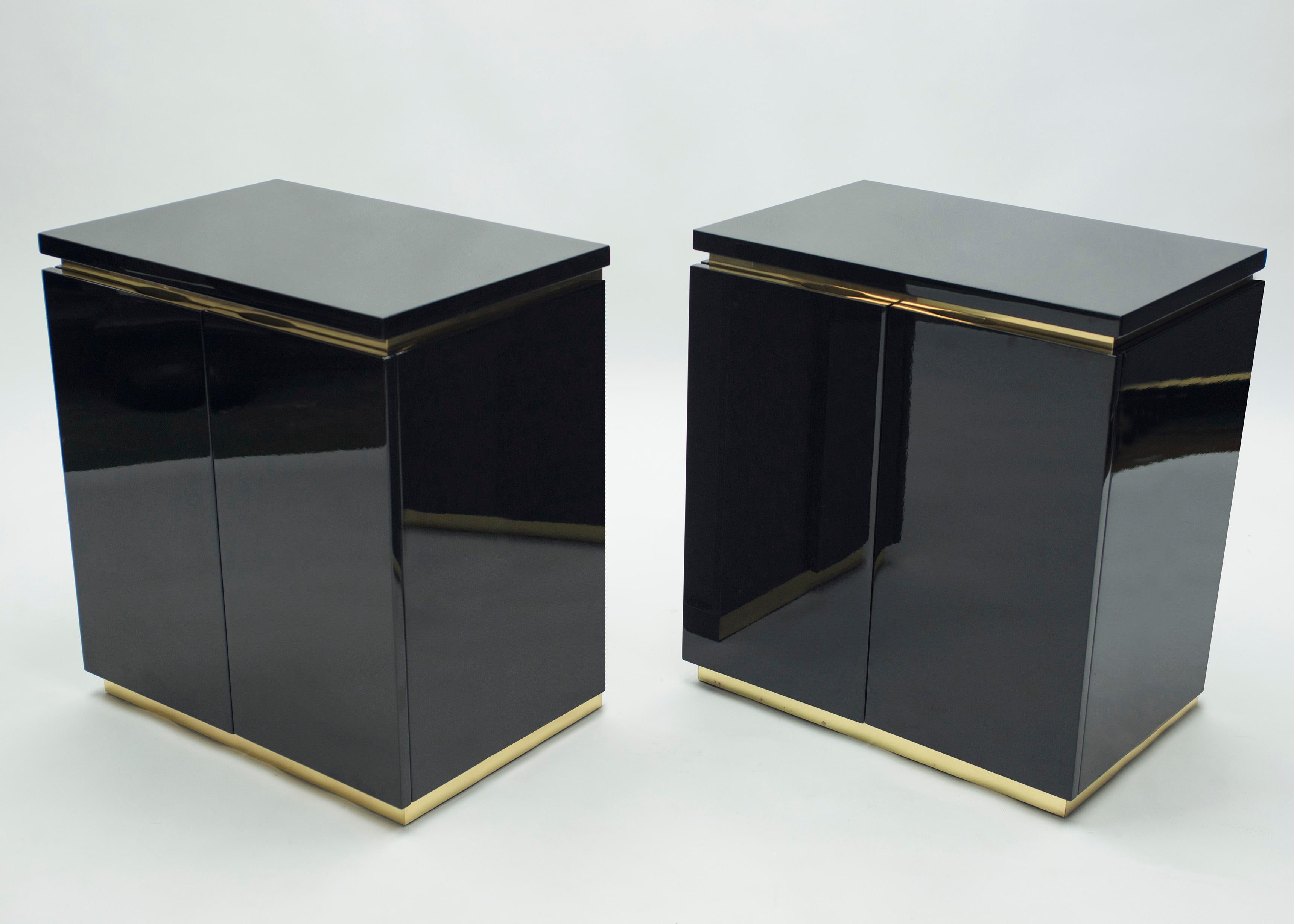 French Pair of Small Black Lacquer Cabinets Nightstands by J.C. Mahey, 1970s