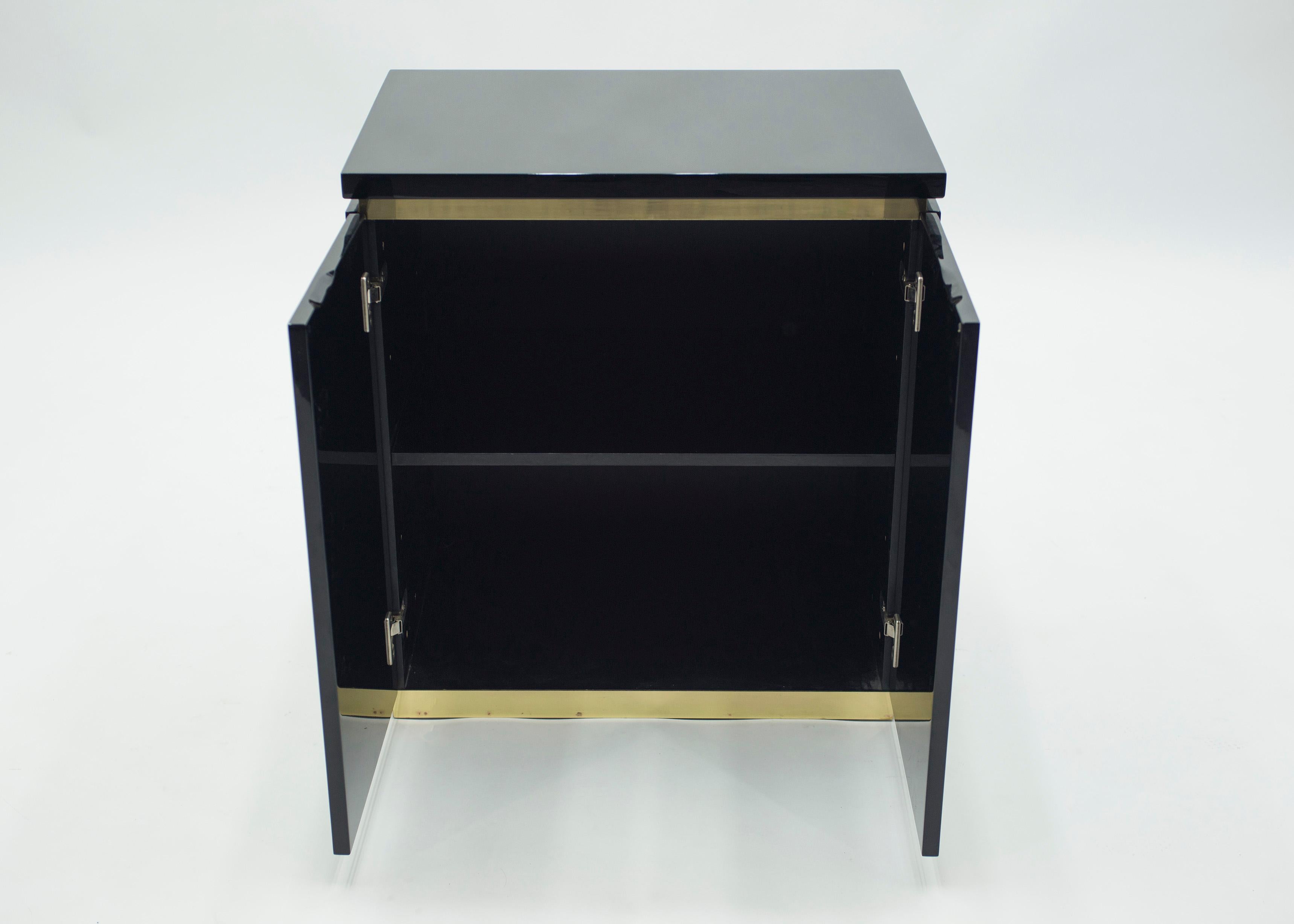 Brass Pair of Small Black Lacquer Cabinets Nightstands by J.C. Mahey, 1970s