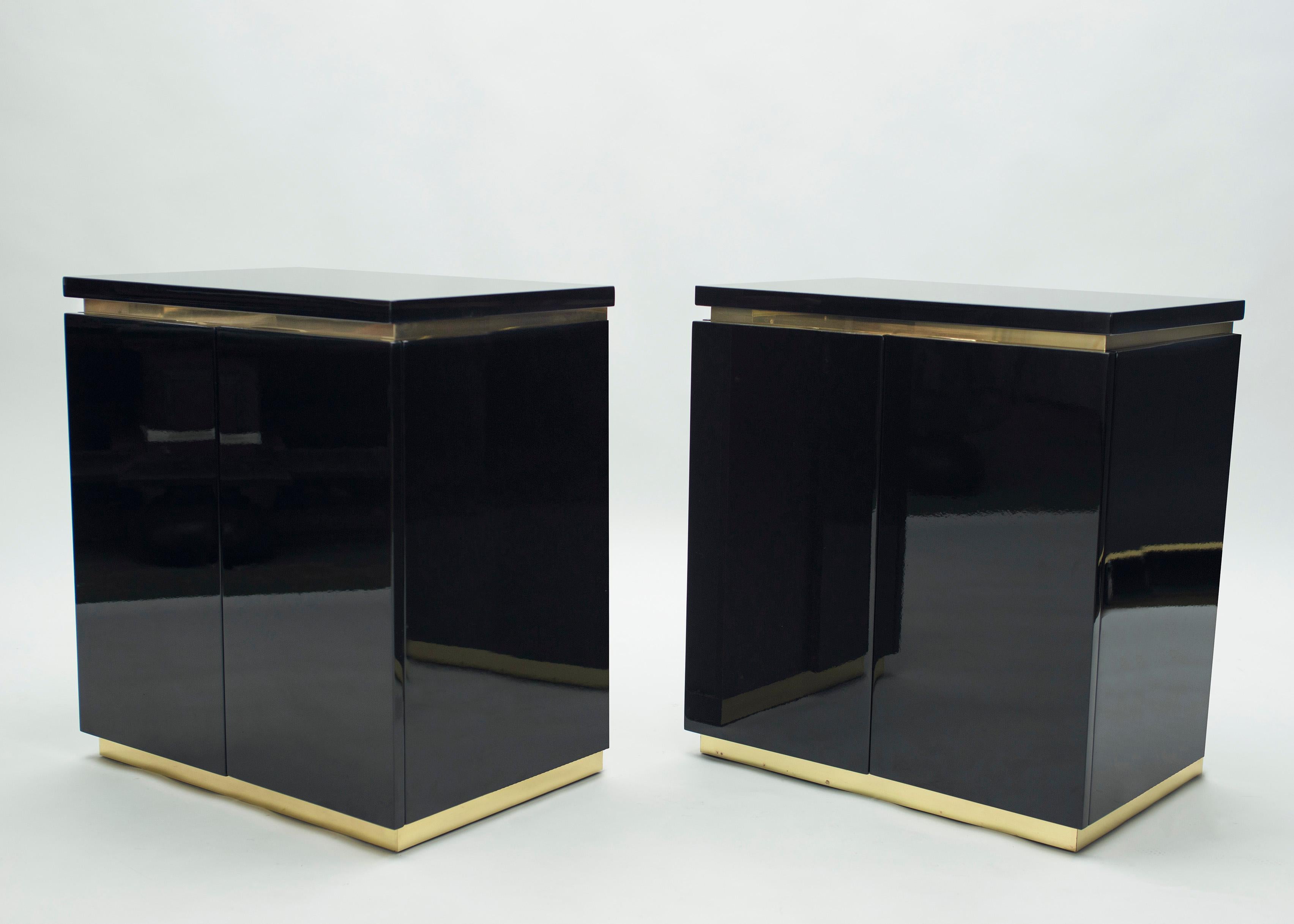 French Pair of Small Black Lacquer Cabinets Nightstands by J.C. Mahey, 1970s For Sale
