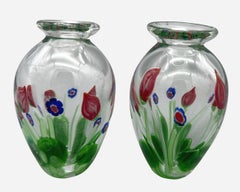 Paire de petits vases en verre soufflé avec inclusions de murines, Murano, Italie, circa 1980