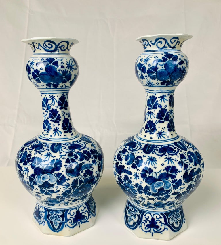 Rococo Pair of Small Blue and White Dutch Delft Vases Made, 18th Century circa 1760 For Sale