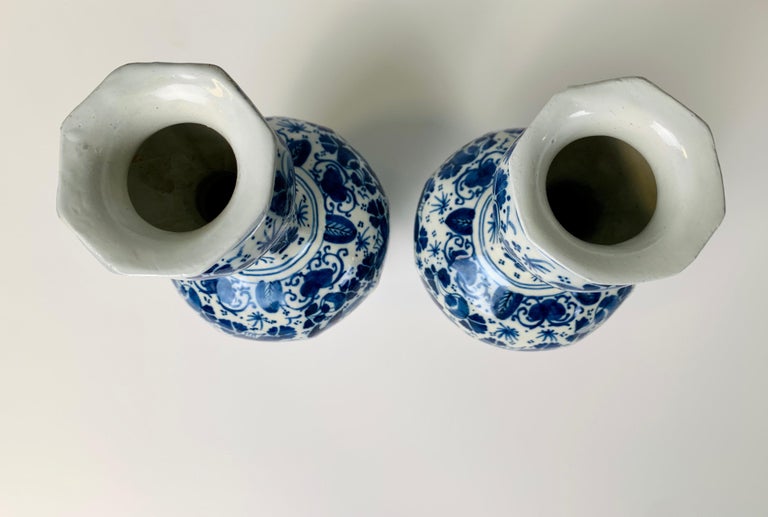 Pair of Small Blue and White Dutch Delft Vases Made, 18th Century circa 1760 For Sale 3