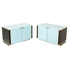Pair of Small Blue Black Lacquer and Brass Cabinets by J.C. Mahey 1970s