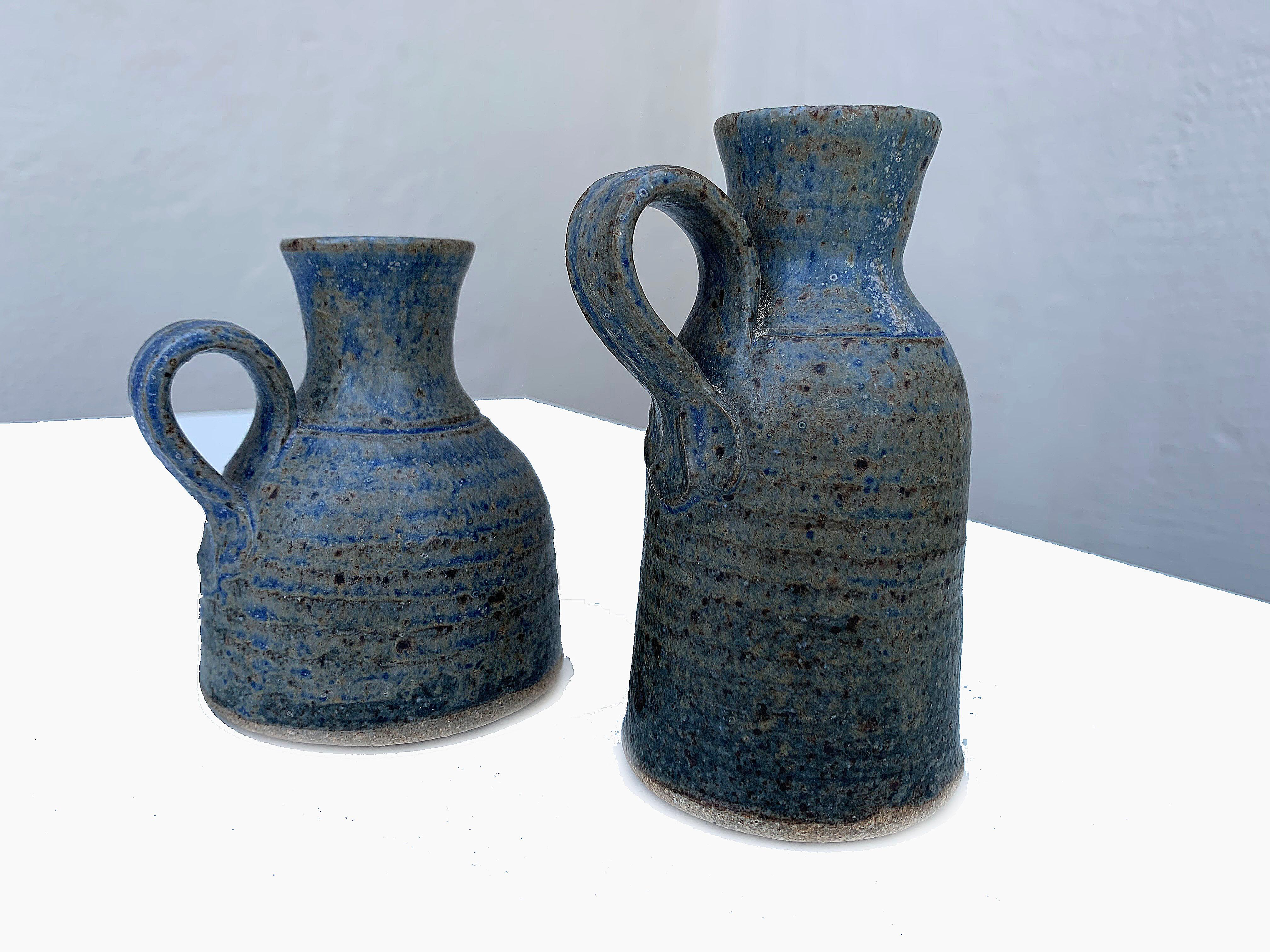 Fired Pair of Small Blue Ceramic Decanters