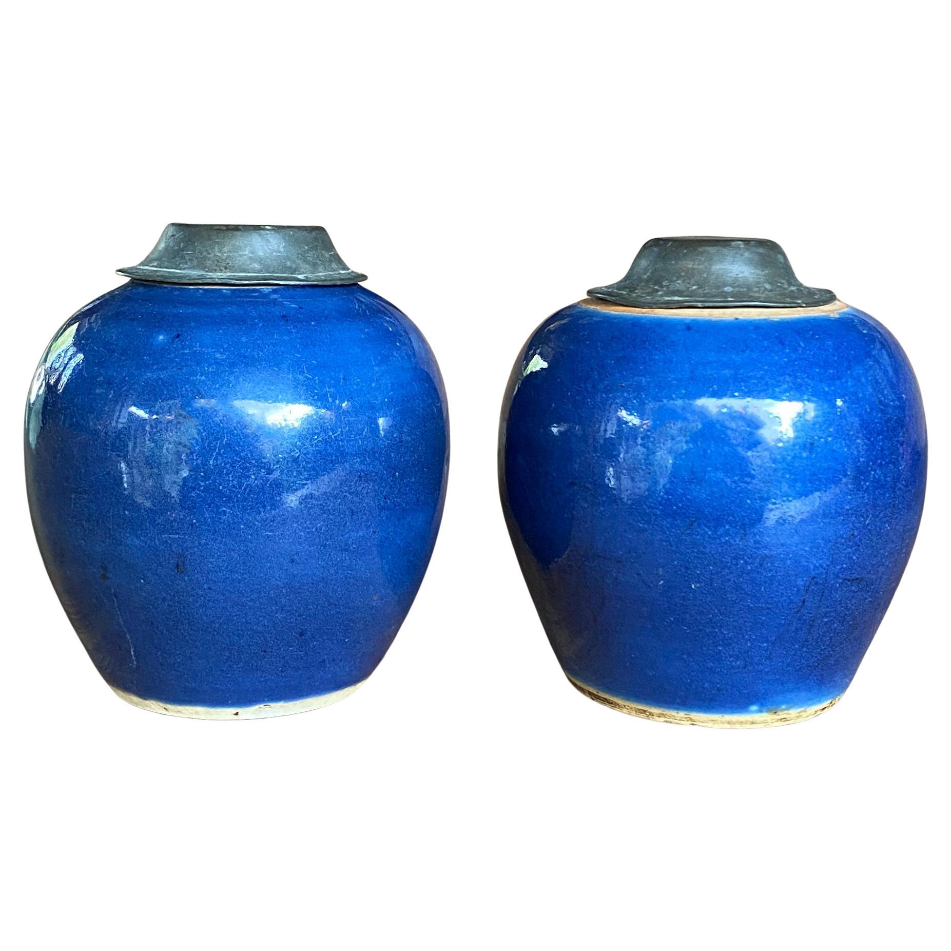 Pair of Small Blue Chinese Ceramic Ginger Jars, Early 20th Century