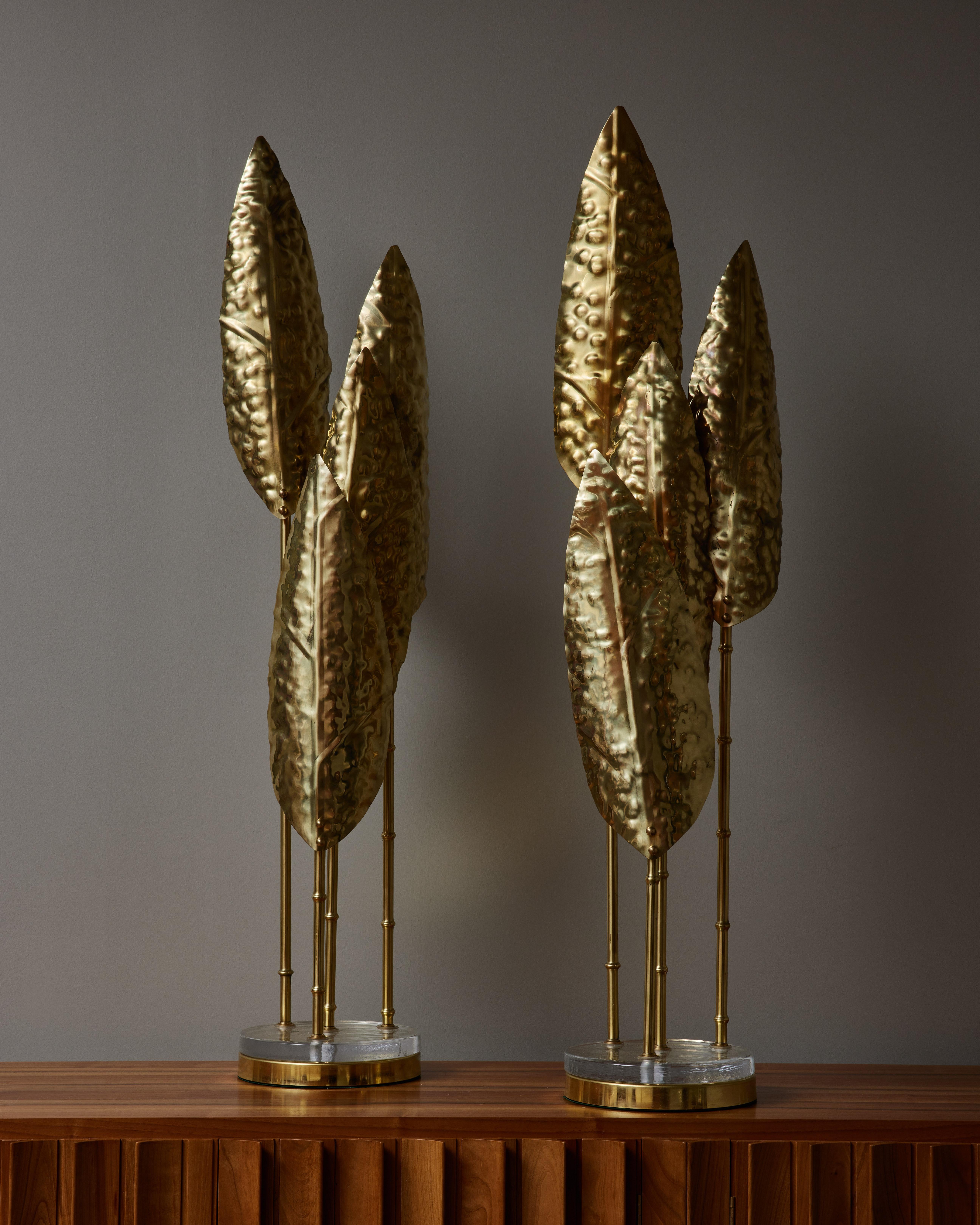 Mid-Century Modern Pair of Small Brass and Glass Leaves Floor Lamps