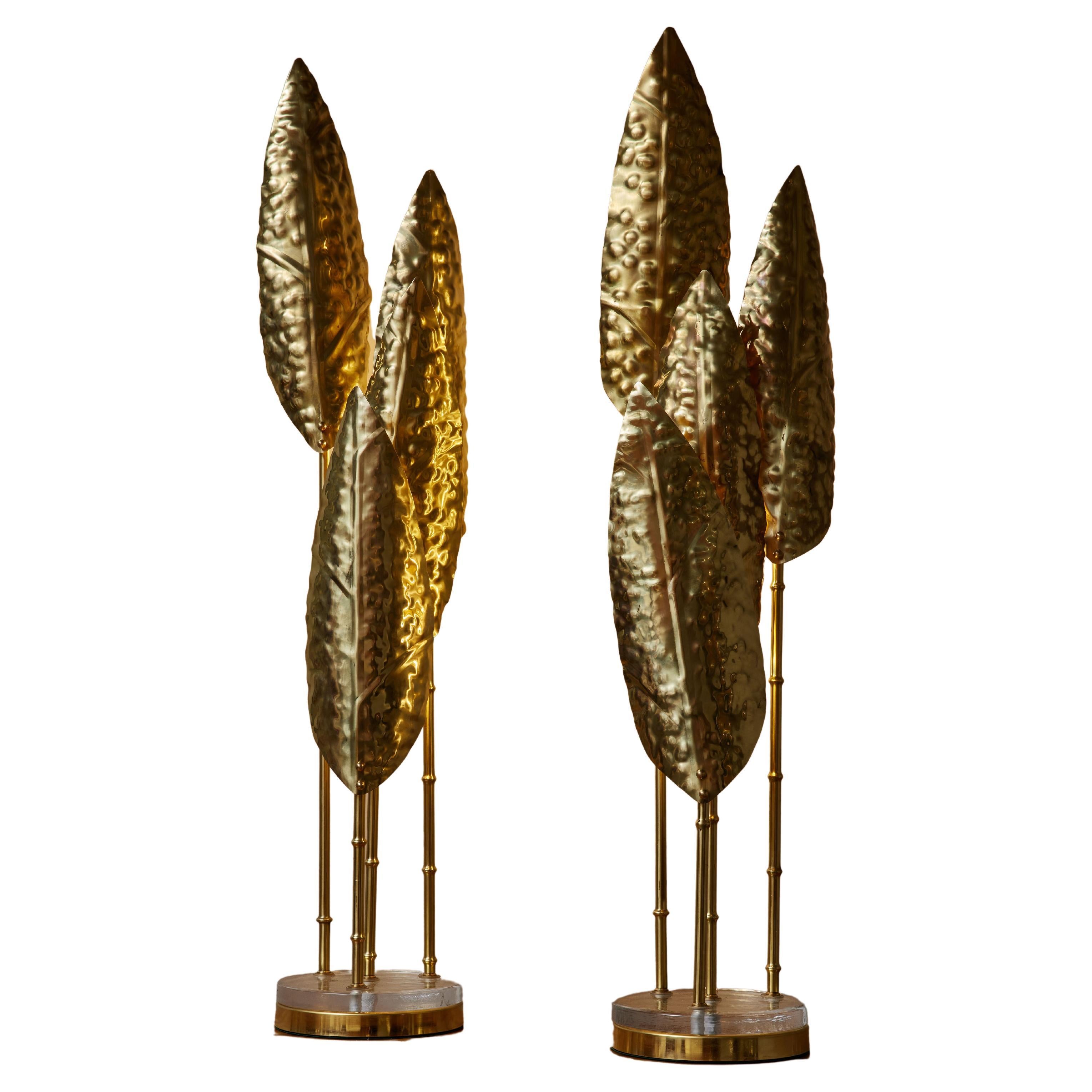Pair of Small Brass and Glass Leaves Floor Lamps