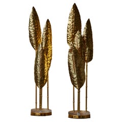 Pair of Small Brass and Glass Leaves Floor Lamps