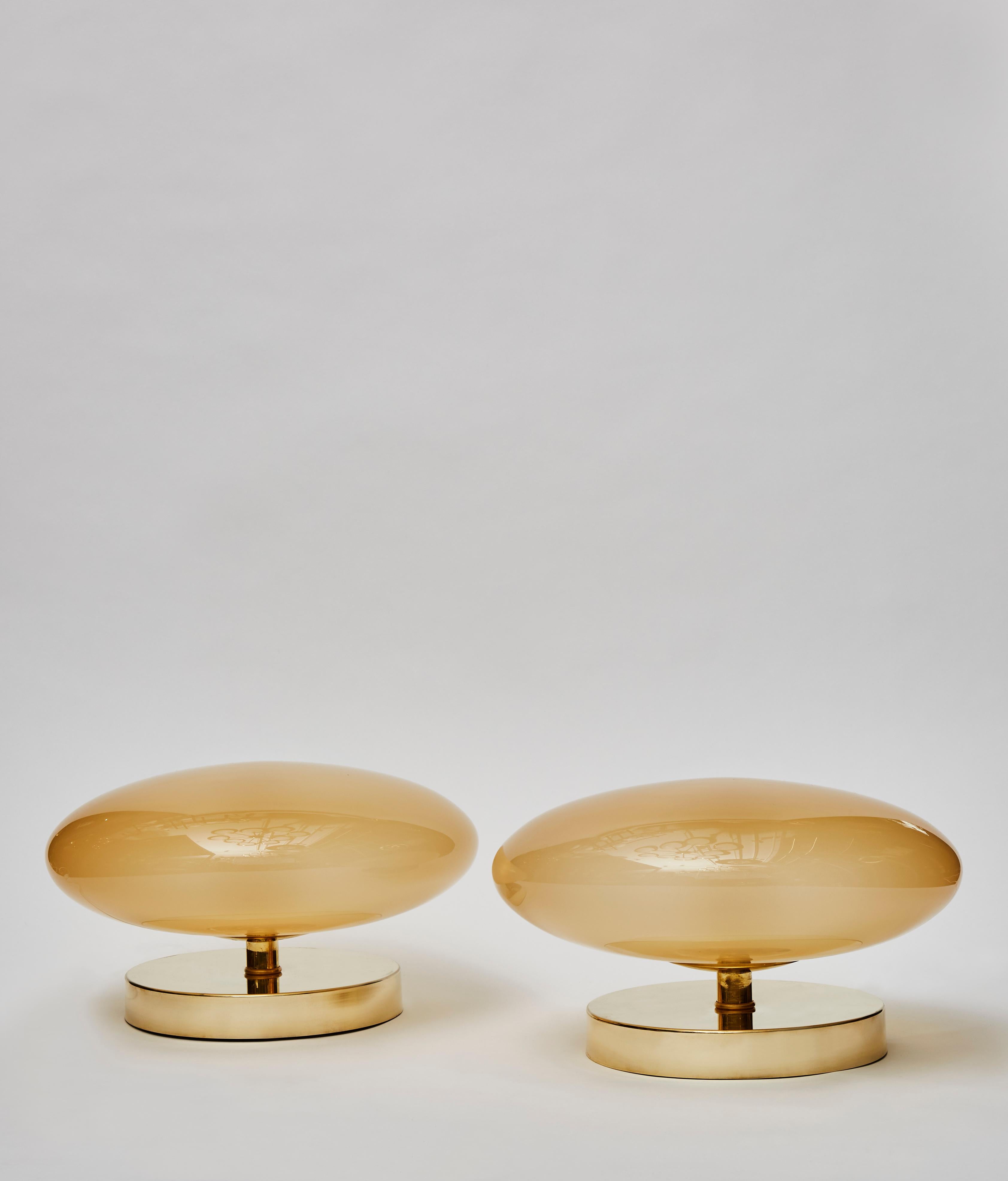Modern Pair of Small Brass and Glass Table Lamps