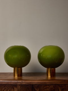Pair of Small Brass and Matcha Glass Globe Table Lamps