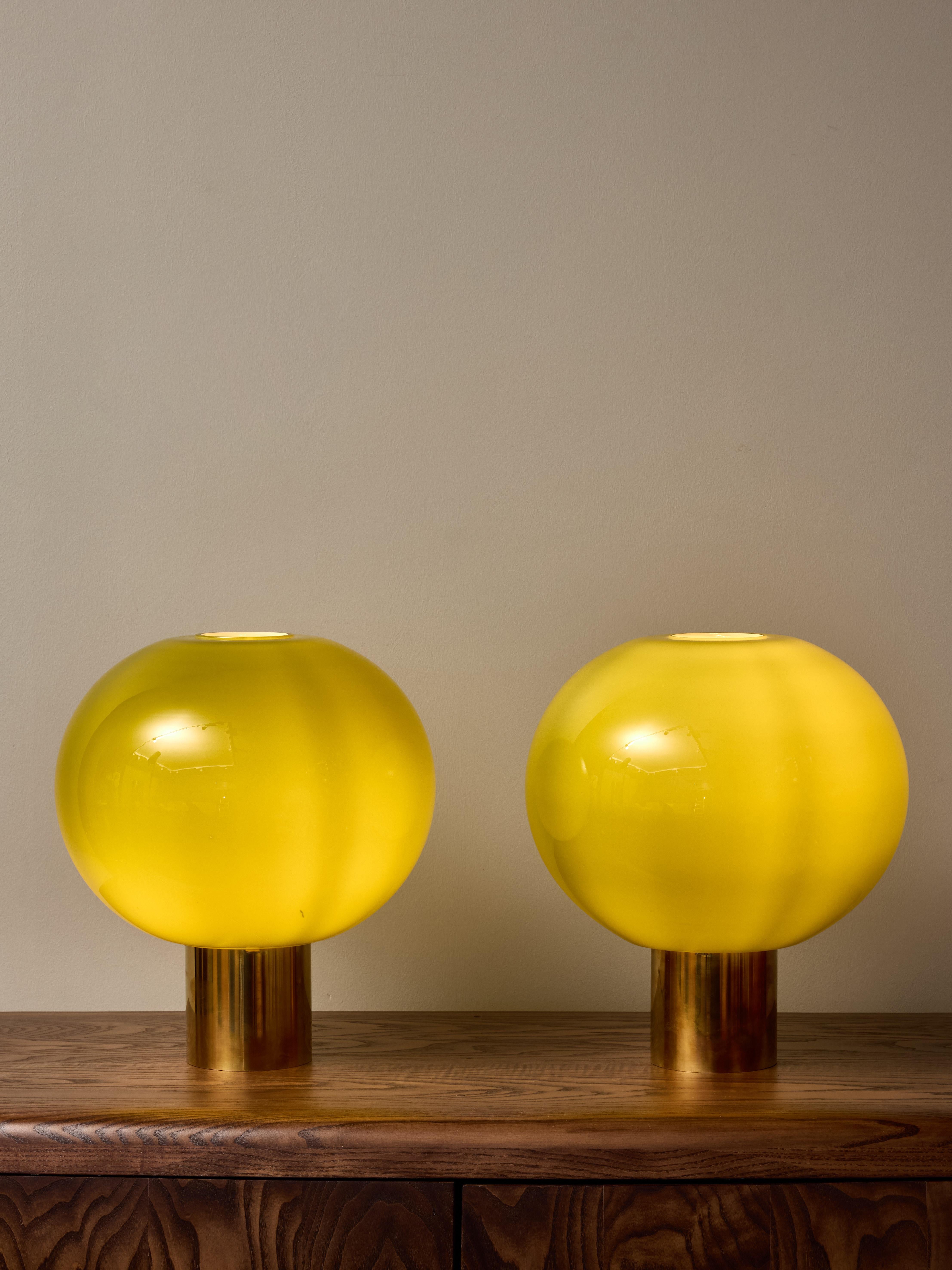 Modern Pair of Small Brass and Matcha Glass Globe Table Lamps For Sale