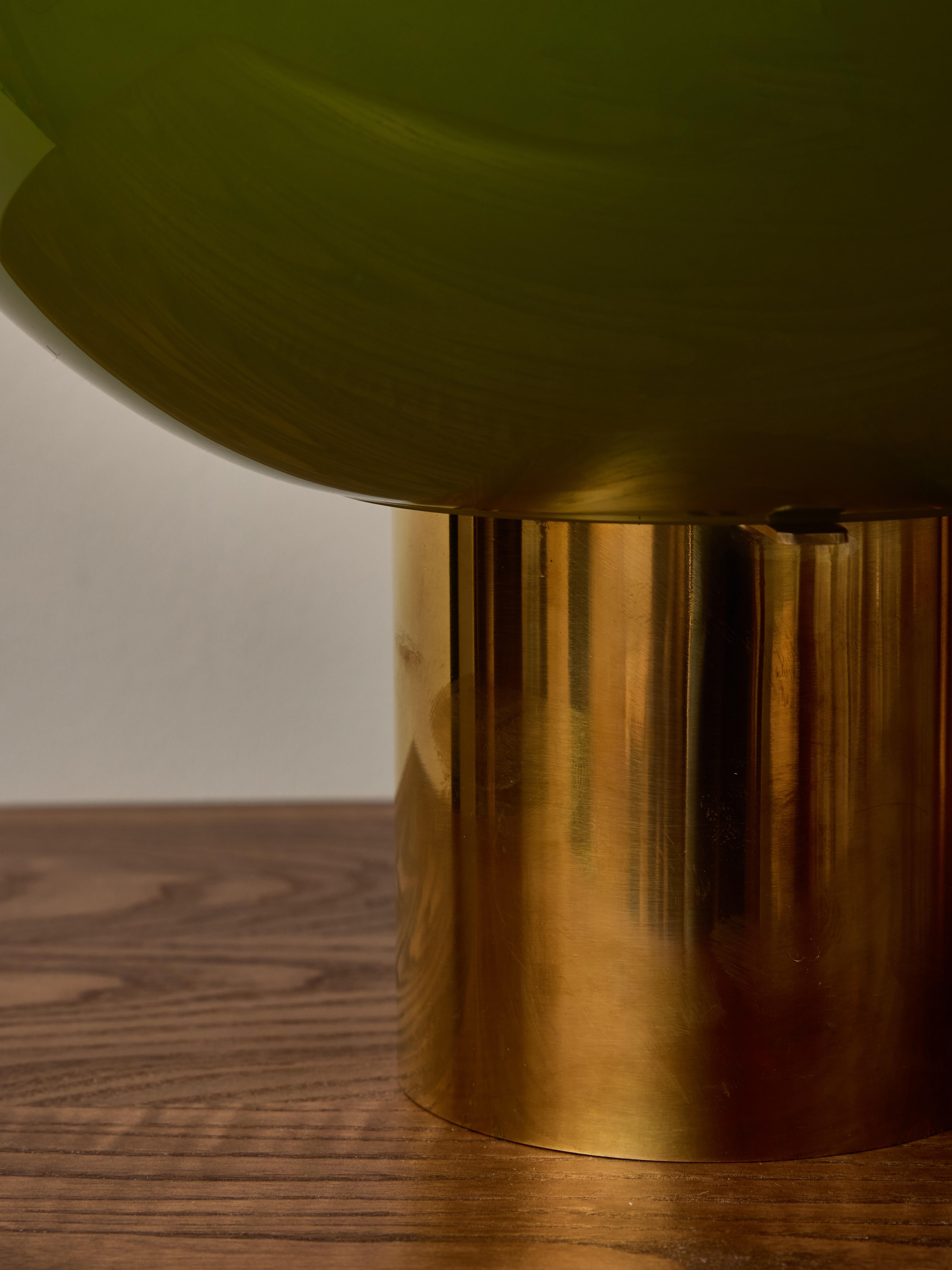 Contemporary Pair of Small Brass and Matcha Glass Globe Table Lamps For Sale