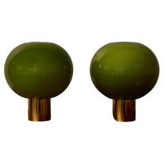 Pair of Small Brass and Matcha Glass Globe Table Lamps
