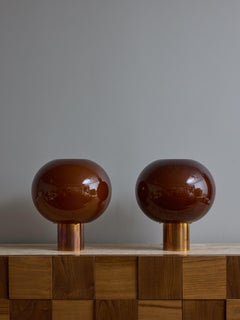 Pair of Small Brass and Tobacco Glass Globe Table Lamps