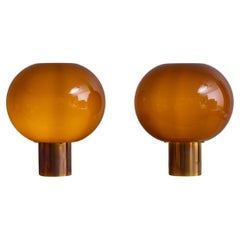 Pair of Small Brass and Tobacco Glass Globe Table Lamps
