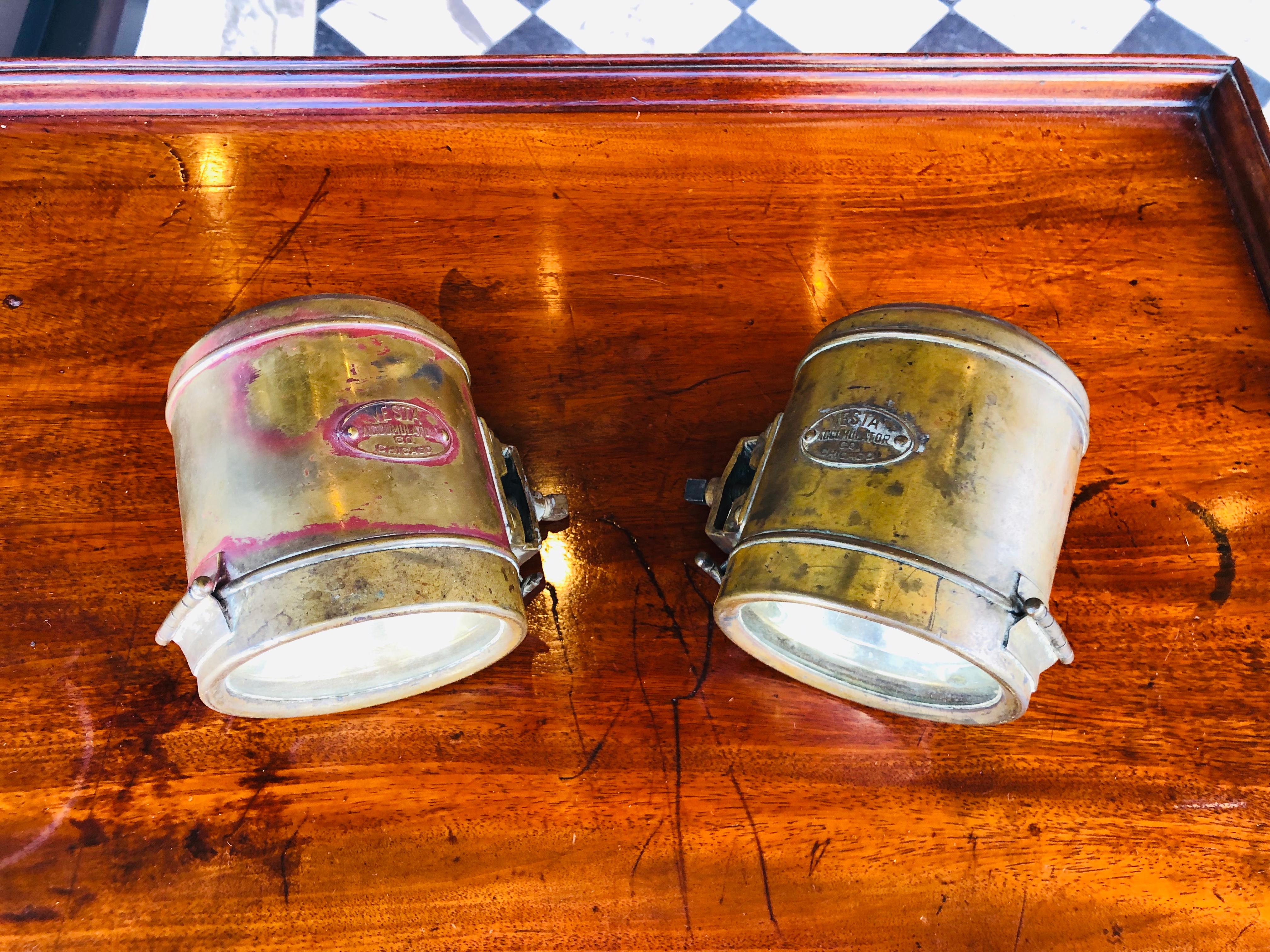 20th Century Pair of Small Brass Auto Lights by the Vesta Accumulator Co or Chicago