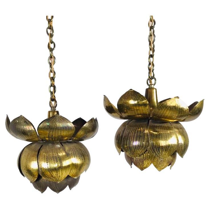 Pair of Small Brass Lotus Pendants by Feldman