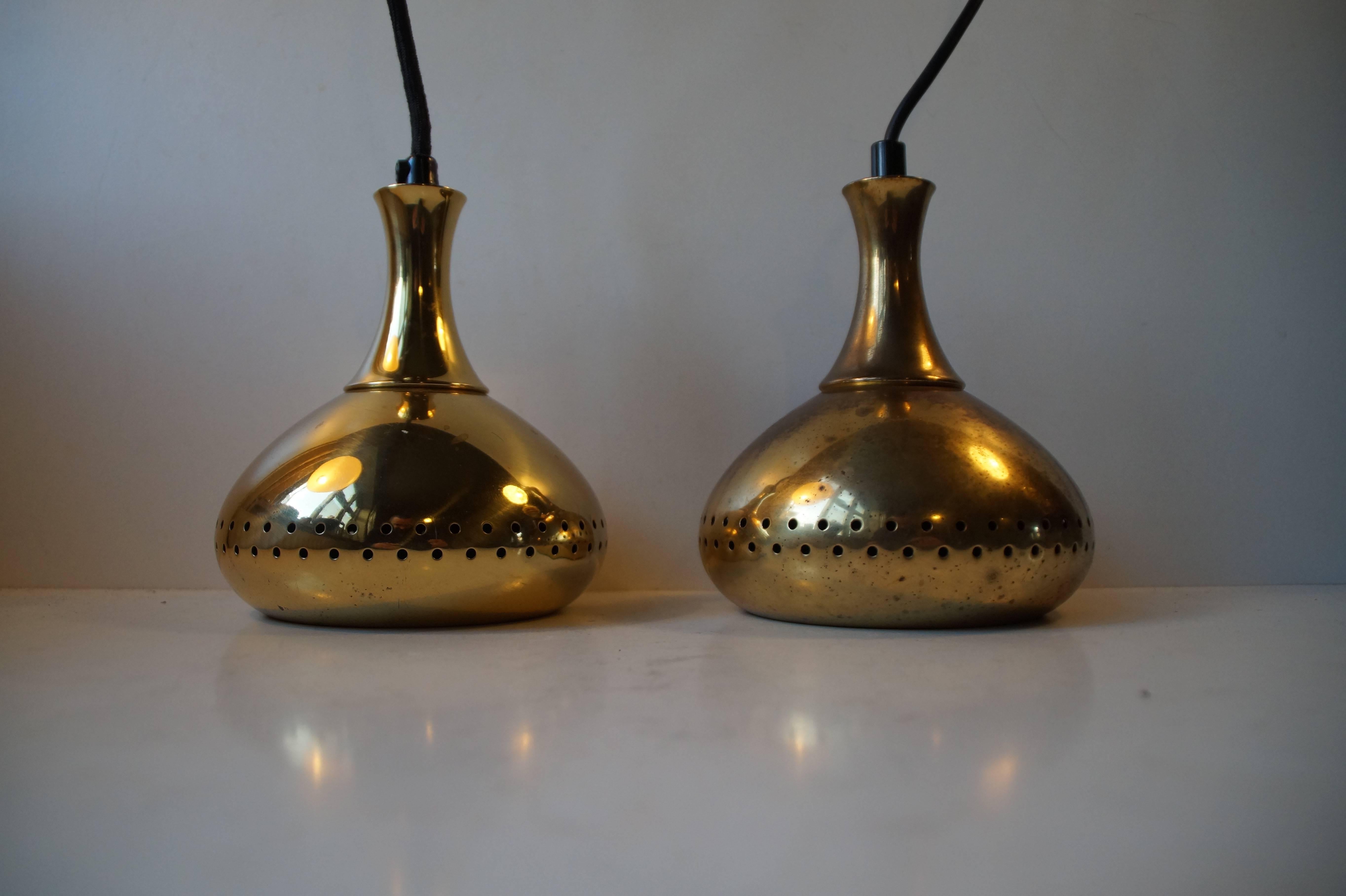 Patinated Pair of Small Brass Pendant Lamps by Hans-Agne Jakobsson for Markaryd AB