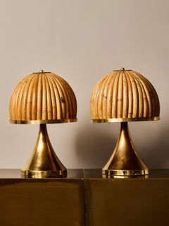 Pair of Small Brass Table Lamps with Bamboo Shades