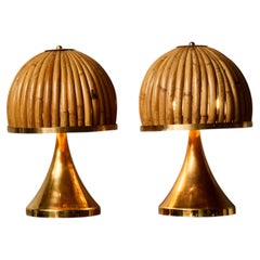 Pair of Small Brass Table Lamps with Bamboo Shades